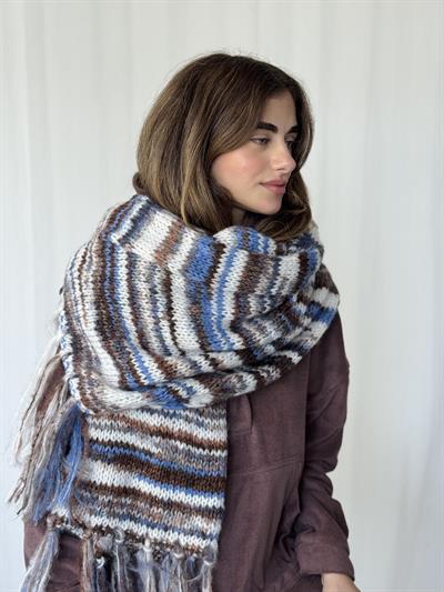 Retrobird Mavi - Kahve Büyük Boy Soft Örgü Atkı