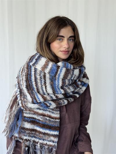 Retrobird Mavi - Kahve Büyük Boy Soft Örgü Atkı