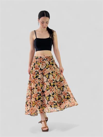 Retrobird Çiçek Desenli Valerie Şifon Kloş Astarlı Taba Uzun Etek