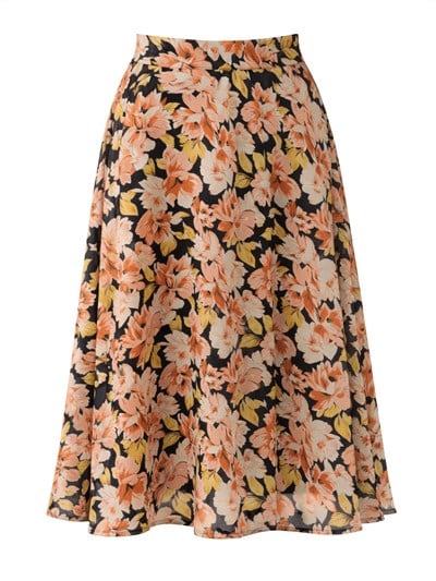 Retrobird Floral Patterned Valerie Chiffon Flared Lined Tan Long Skirt
