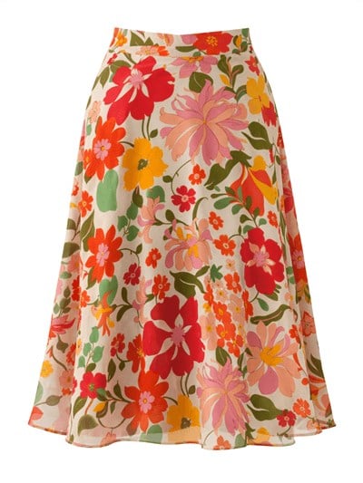 Retrobird Floral Valerie Chiffon Flared Lined Cream Long Skirt