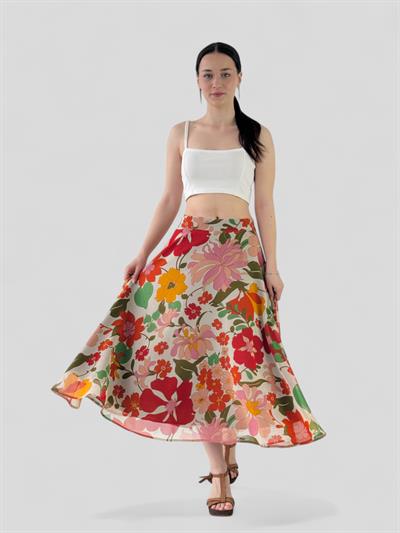 Retrobird Çiçekli Valerie Şifon Kloş Astarlı Krem Uzun Etek
