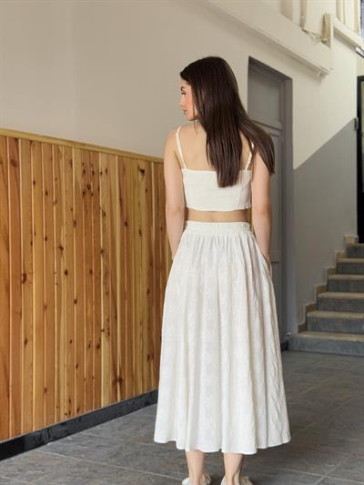 Retrobird Circle Kloş Maxi Boy Bej Renkli Etek