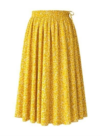 Retrobird Circle Flared Yellow Midi Skirt