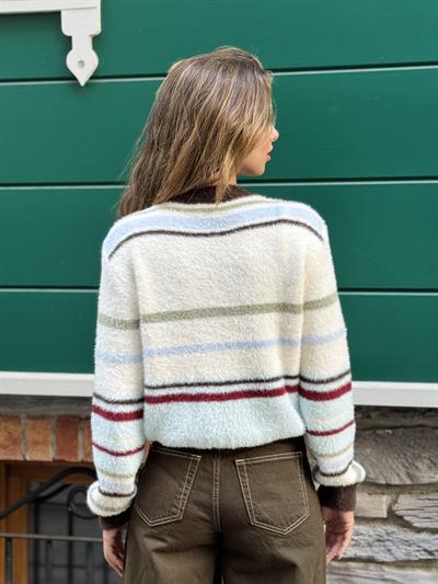 Retrobird Çizgili Cozy Kırık Beyaz Hırka