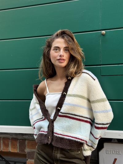 Retrobird Çizgili Cozy Kırık Beyaz Hırka