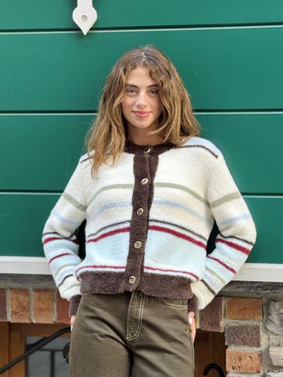 Retrobird Çizgili Cozy Kırık Beyaz Hırka