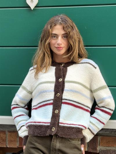 Retrobird Çizgili Cozy Kırık Beyaz Hırka