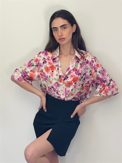 Retrobird Çok Renkli Retro Model Bol Kısa Kol Kadın Gömlek