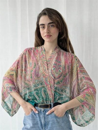 Retrobird Multicolored Design Boho Mini Kimono