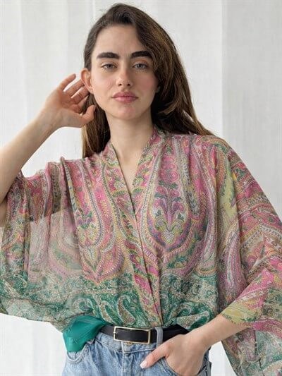 Retrobird Multicolored Design Boho Mini Kimono