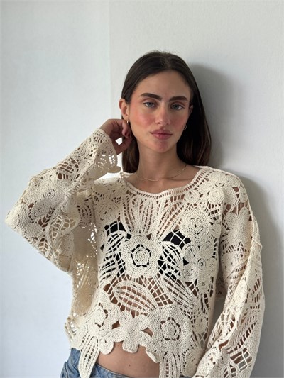 Retrobird Colette Çiçek Motifli Ajurlu Krem Kroşe Kazak