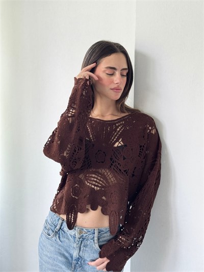 Retrobird Colette Çiçek Motifli Ajurlu Kahverengi Kroşe Kazak