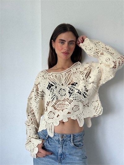Retrobird Colette Çiçek Motifli Ajurlu Krem Kroşe Kazak