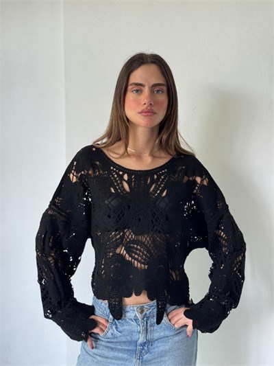 Retrobird Colette Çiçek Motifli Ajurlu Siyah Kroşe Kazak