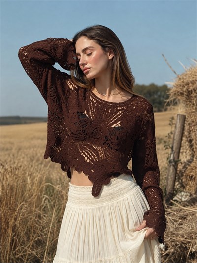 Retrobird Colette Çiçek Motifli Ajurlu Kahverengi Kroşe Kazak