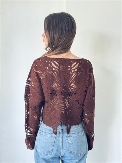 Retrobird Colette Çiçek Motifli Ajurlu Kahverengi Kroşe Kazak