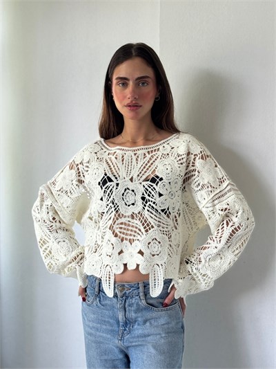 Retrobird Colette Çiçek Motifli Ajurlu Ekru Kroşe Kazak