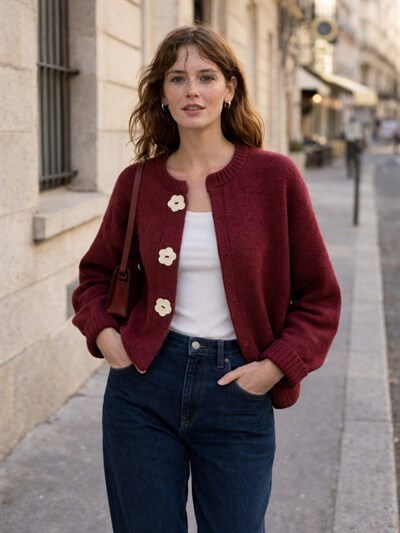 Retrobird Daisy Bloom Burgundy Floral Buttoned Cardigan