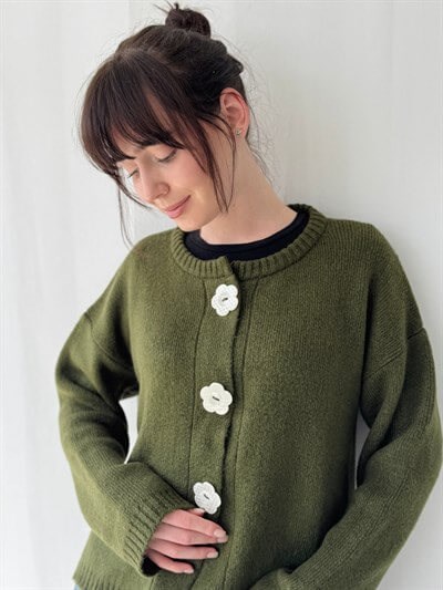 Retrobird Daisy Bloom Khaki Floral Buttoned Cardigan