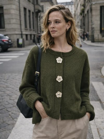 Retrobird Daisy Bloom Khaki Floral Buttoned Cardigan