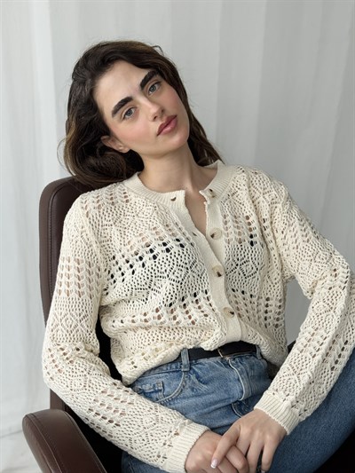 Retrobird Cream Perforated Spring Cardigan