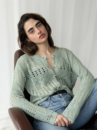 Retrobird Light Green Perforated Spring Cardigan