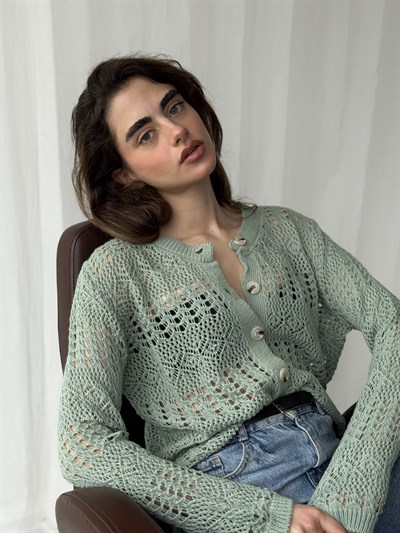 Retrobird Light Green Perforated Spring Cardigan