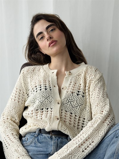 Retrobird Cream Perforated Spring Cardigan