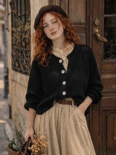 Retrobird Perforated Spring Black Cardigan