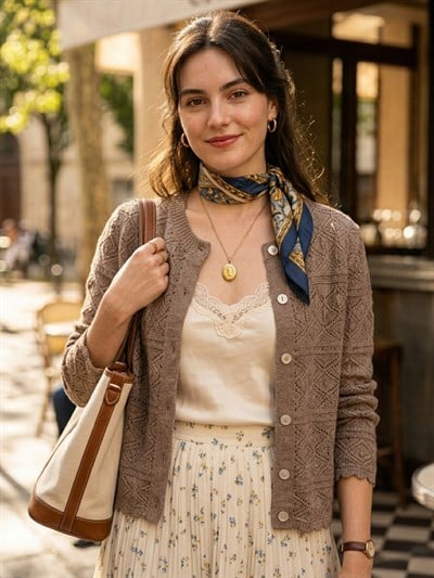 Retrobird Patterned Perforated Spring Mink Cardigan