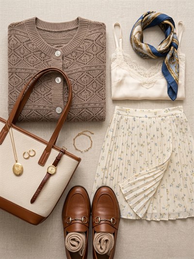 Retrobird Patterned Perforated Spring Mink Cardigan