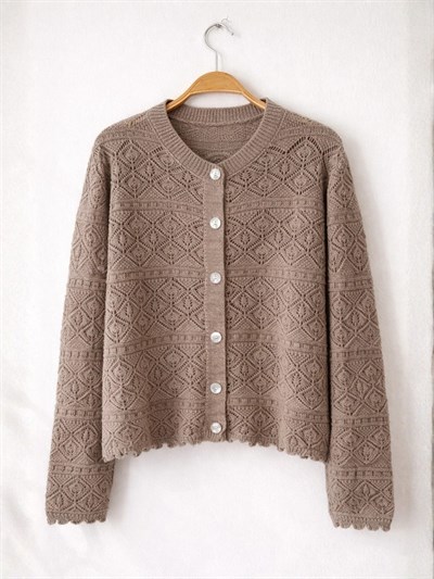 Retrobird Patterned Perforated Spring Mink Cardigan