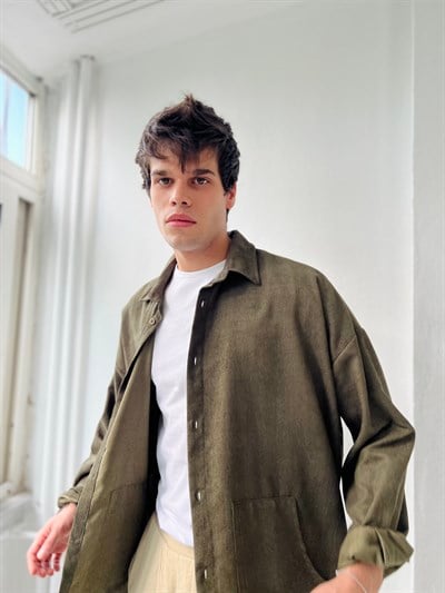 Retrobird Erkek Kadife Oversize Haki Ceket Gömlek