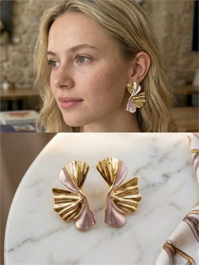 Retrobird Estelle Vintage Style Gold - Sedef Renkli Tasarım Küpe