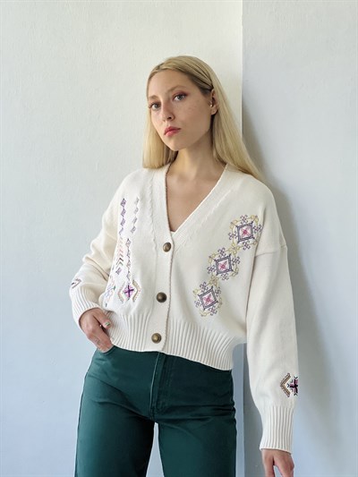 Retrobird Etnik Nakışlı Standart Beden Sisan İplik Hırka