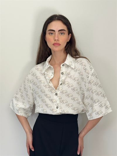 Retrobird Fil Desen Bej Retro Model Bol Kısa Kol Kadın Gömlek