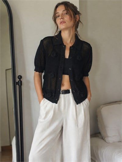 Retrobird Fleur Çiçek Aplikeli Siyah Triko Hırka