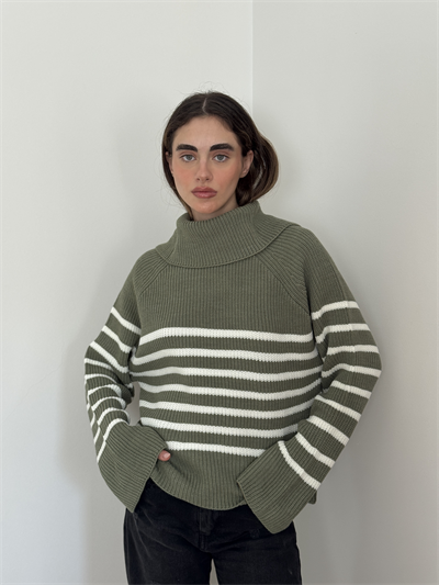 Retrobird Khaki Wide Double Collar Knitwear Sweater