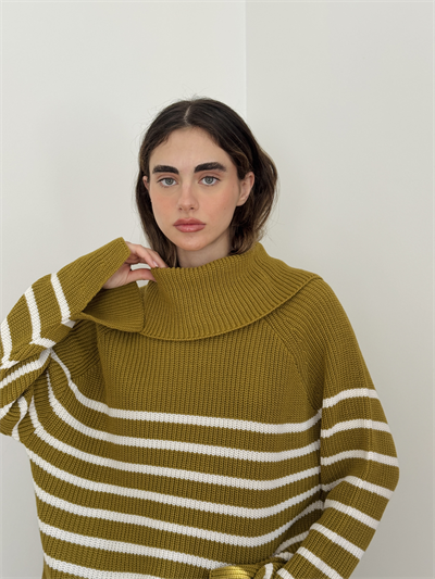 Retrobird Olive Green Wide Double Neck Knit Sweater