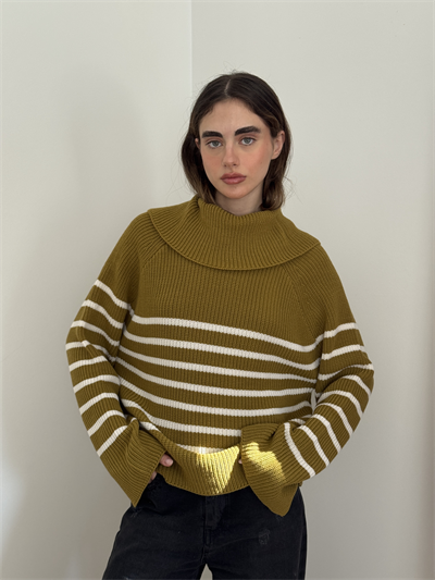 Retrobird Olive Green Wide Double Neck Knit Sweater