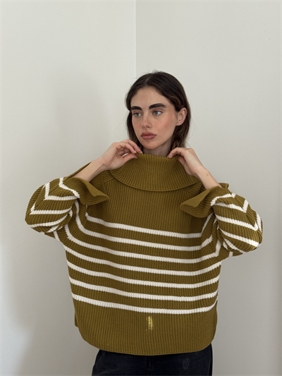 Retrobird Olive Green Wide Double Neck Knit Sweater