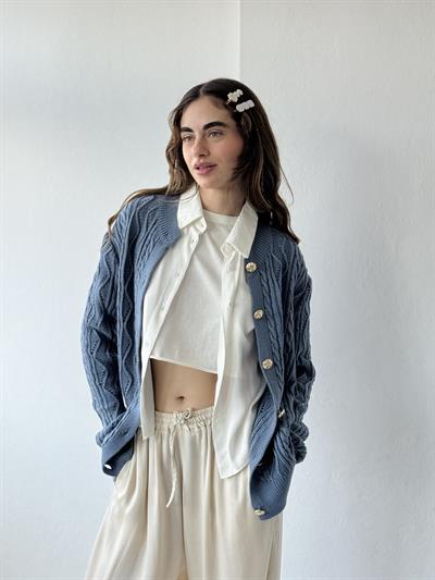 Retrobird Gold Buttoned Openwork Indigo Cardigan