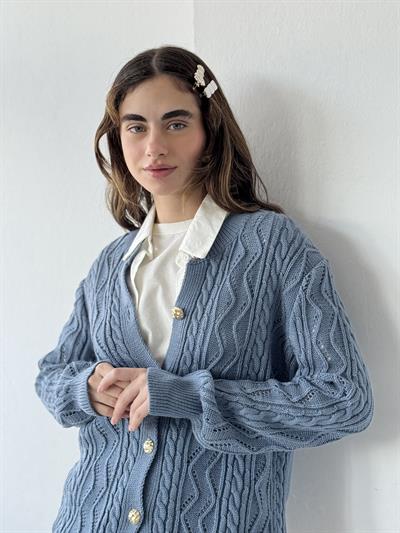 Retrobird Gold Buttoned Openwork Indigo Cardigan