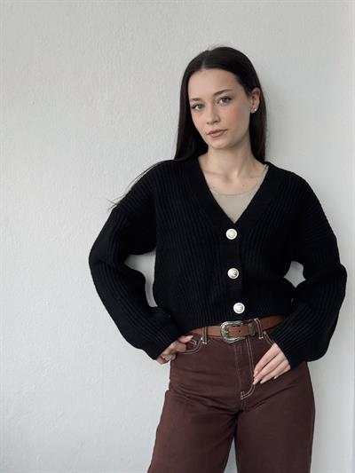 Retrobird Gümüş Düğmeli Siyah Crop Hırka