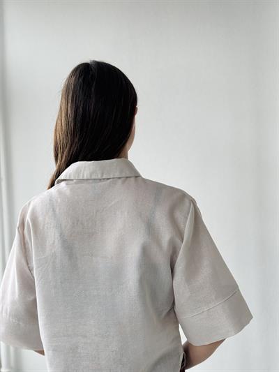 Retrobird Light Glitter Retro Model Cream Gold Loose Short Sleeve Womens Shirt