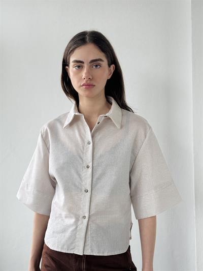 Retrobird Light Glitter Retro Model Cream Gold Loose Short Sleeve Womens Shirt