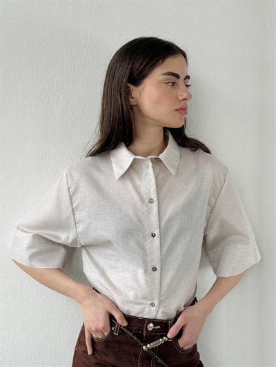 Retrobird Light Glitter Retro Model Cream Gold Loose Short Sleeve Womens Shirt