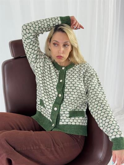 Retrobird Hafif Simli Retro Model Önden Düğmeli Yeşil Hırka