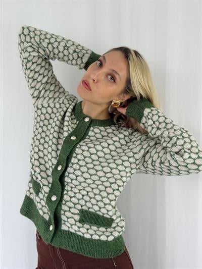 Retrobird Hafif Simli Retro Model Önden Düğmeli Yeşil Hırka